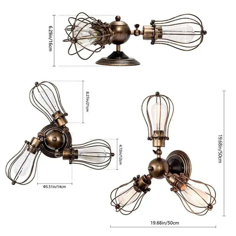 Industrial vintage ceiling light with brass finish and black metal cages featuring three exposed bulbs for dining room decorbites industrial vintage