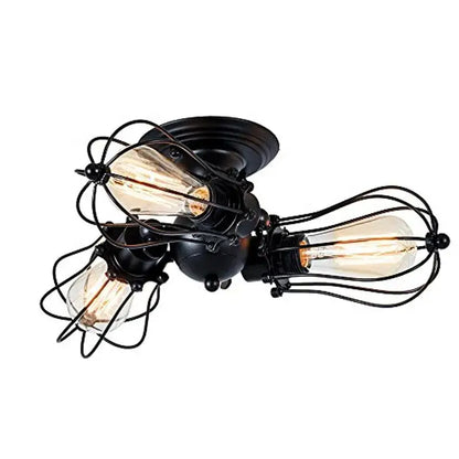 Black wrought iron industrial vintage ceiling light fixture with three exposed filament bulbs encased in wire cages by decorbites industrial vintage