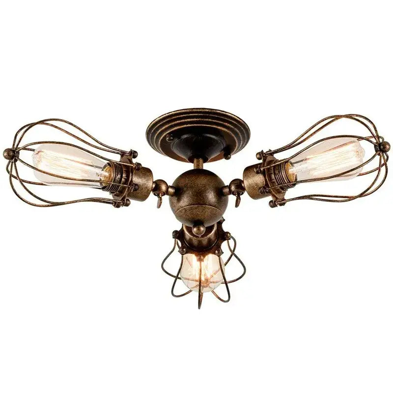 Industrial vintage black metal cage ceiling light with three edison bulbs on antique brass hub for dining room decorbites industrial vintage