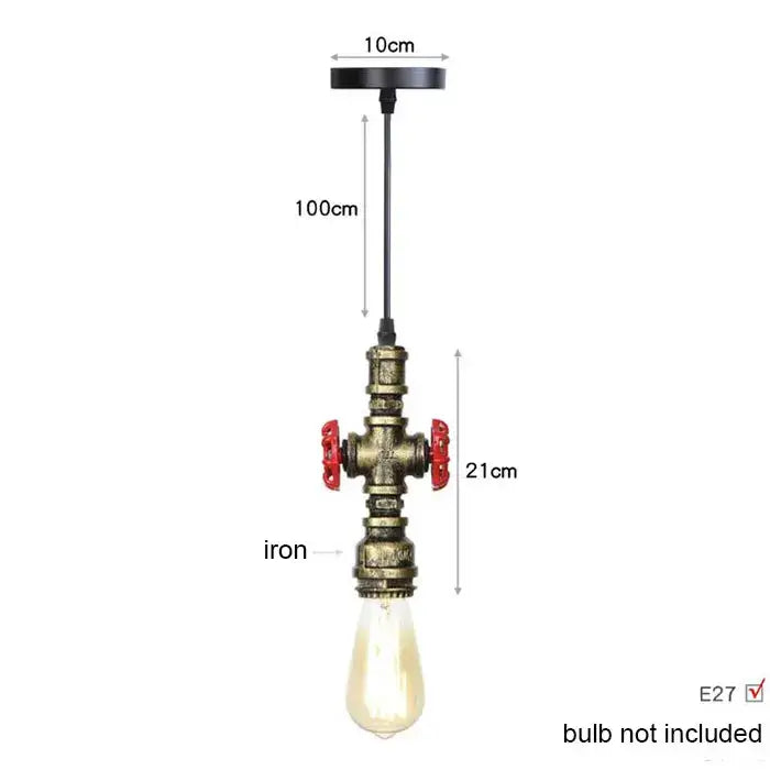 Industrial vintage brass and black pipe pendant light fixture with red valve accents and vintage bulb socket for kitchen use