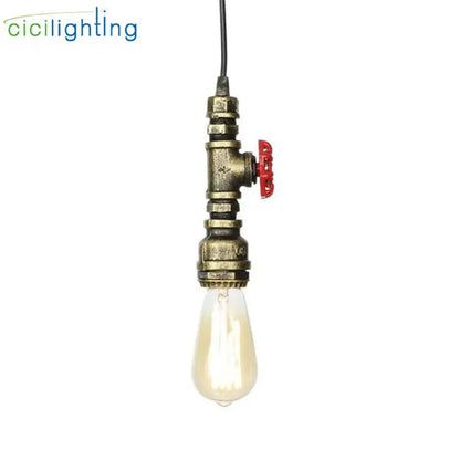 Industrial vintage brass and black pipe pendant light fixture with red valve handle and exposed Edison bulb for kitchen use
