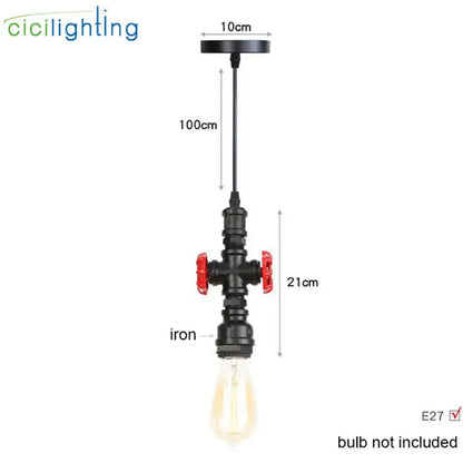 Industrial vintage brass and black pipe pendant light fixture with black iron and red valve accents for kitchen use