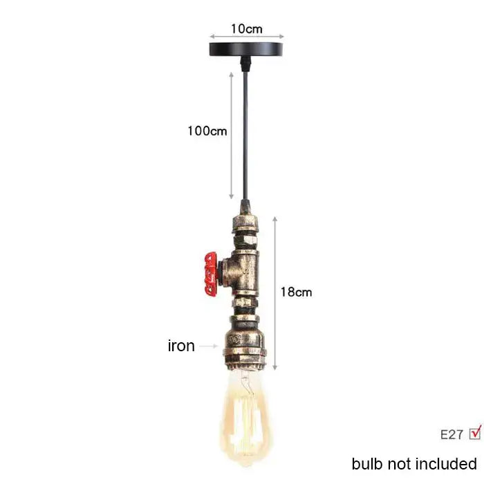 Industrial vintage brass and black pipe pendant light fixture with iron body, red valve handle, and exposed edison bulb for kitchen