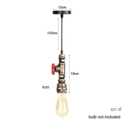 Industrial vintage brass and black pipe pendant light fixture with iron body, red valve handle, and exposed edison bulb for kitchen