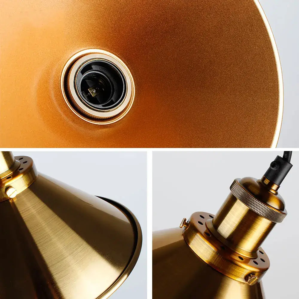 Brass-finished industrial vintage pendant light with matte gold cone shade and textured metal hardware for living room decorbites industrial vintage chandelier
