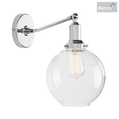 Chrome finished industrial vintage wall sconce with clear glass globe and exposed filament bulb by decorbites