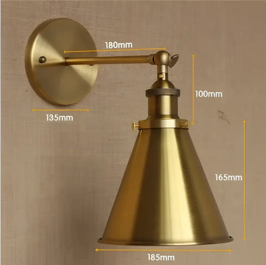 Industrial vintage brass wall sconce with brass finish conical shade and adjustable arm for bedroom lighting decorbites industrial vintage