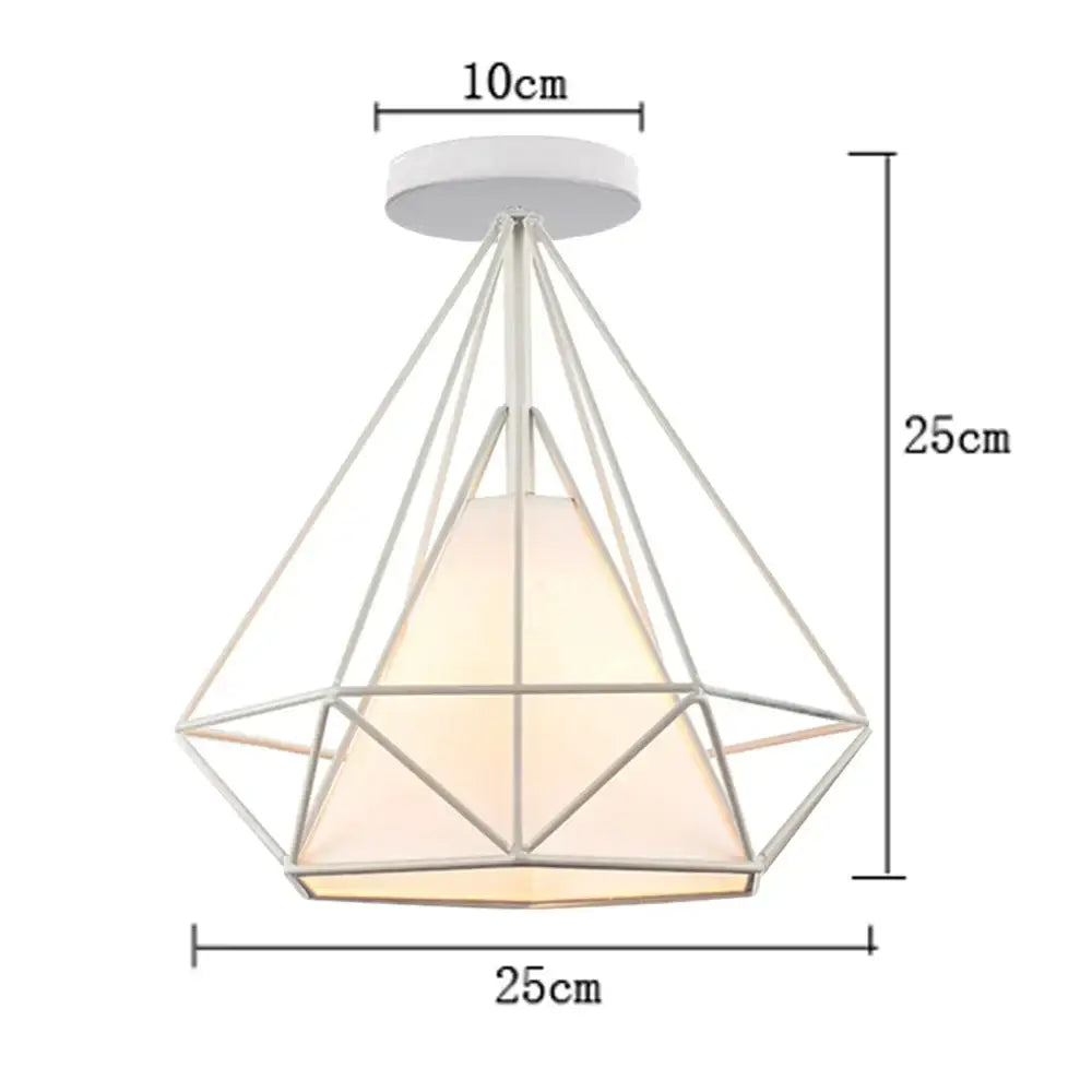White geometric pendant ceiling light with diamond metal frame and frosted glass shade for industrial vintage decorbites