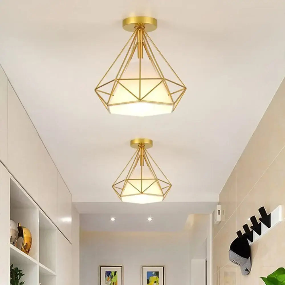 Gold geometric pendant ceiling light with faceted diamond frame and frosted glass shade for decorbites industrial vintage ceiling
