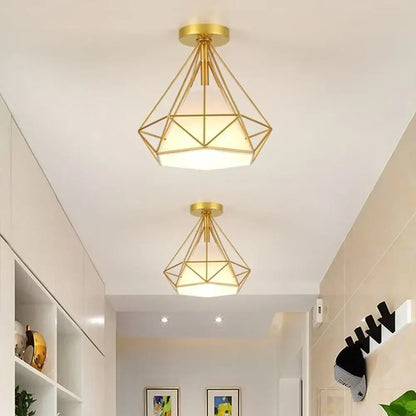Gold geometric pendant ceiling light with faceted diamond frame and frosted glass shade for decorbites industrial vintage ceiling