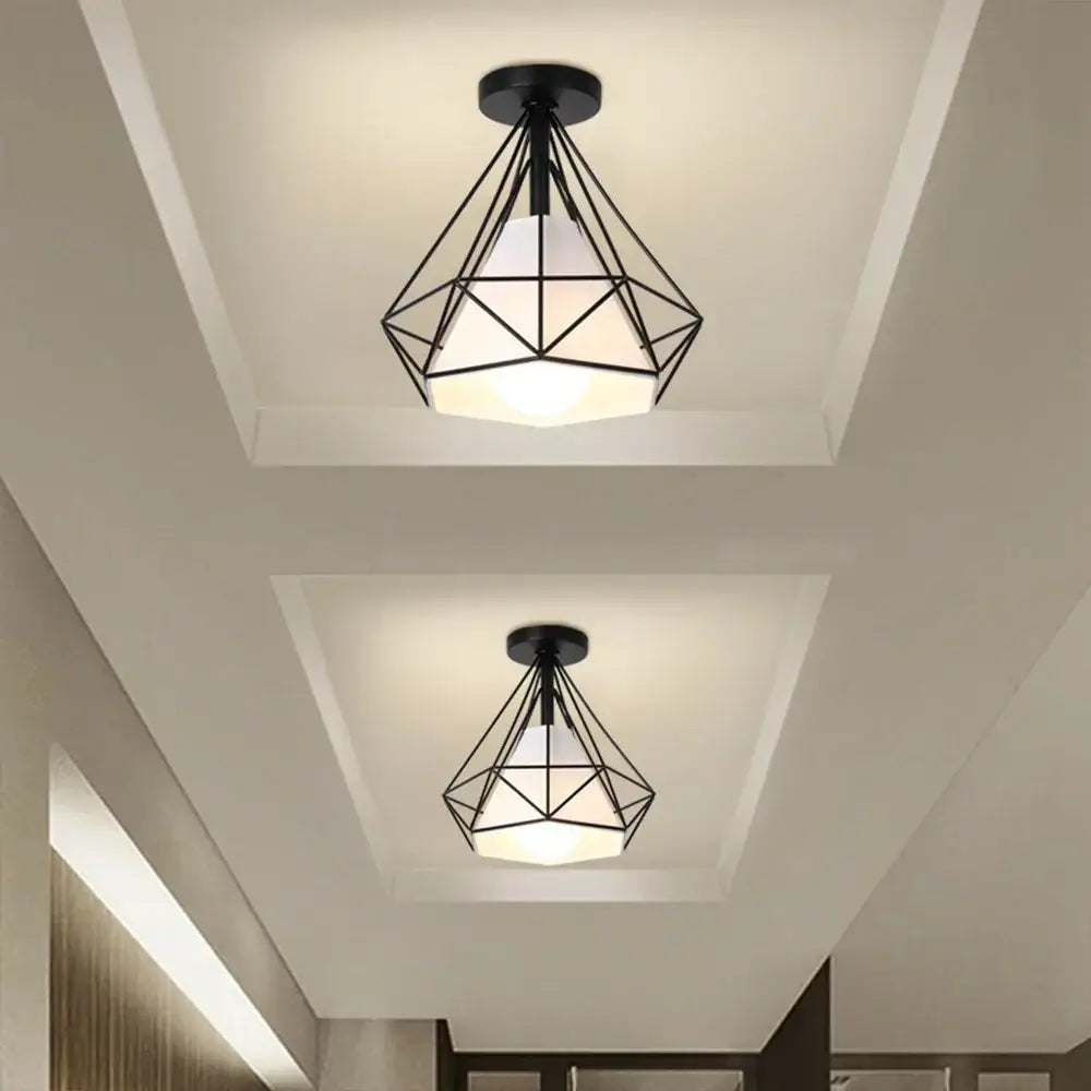 Black geometric metal ceiling light with white frosted glass shade for decorbites industrial vintage ceiling decor