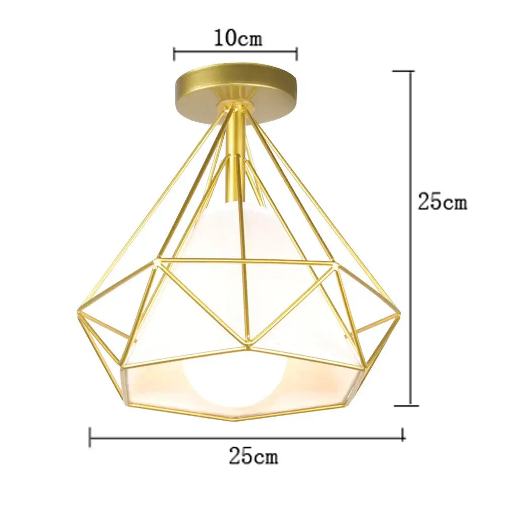 Gold-colored geometric pendant ceiling light with diamond metal frame and frosted glass shade decorbites industrial vintage style