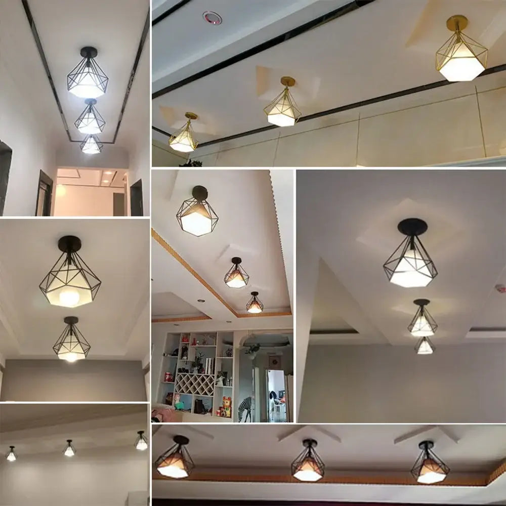 Industrial vintage ceiling light with geometric wireframe and frosted glass shades in black and gold decorbites industrial vintage design