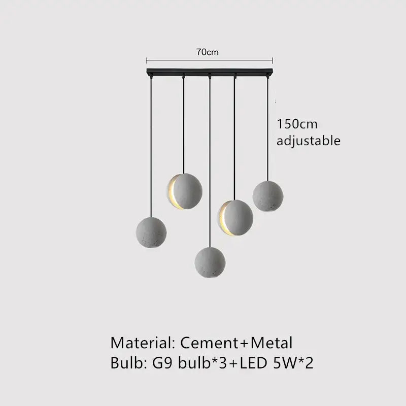 Modern minimalist pendant lamp with five matte gray cement spheres and led and g9 bulbs by decorbites industrial vintage