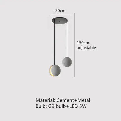 Modern minimalist pendant lamp with two matte gray spherical shades and industrial vintage cement ceiling mount