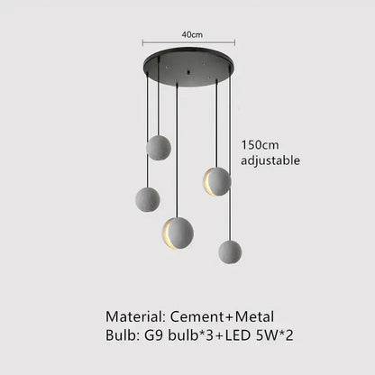 Modern minimalist pendant lamp with five matte gray spherical shades and mixed g9 and led lights for kitchen decorbites industrial vintage cement style