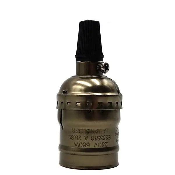 Antique brass lamp base with black ribbed cap and engraved specifications for decorbites industrial vintage chain use