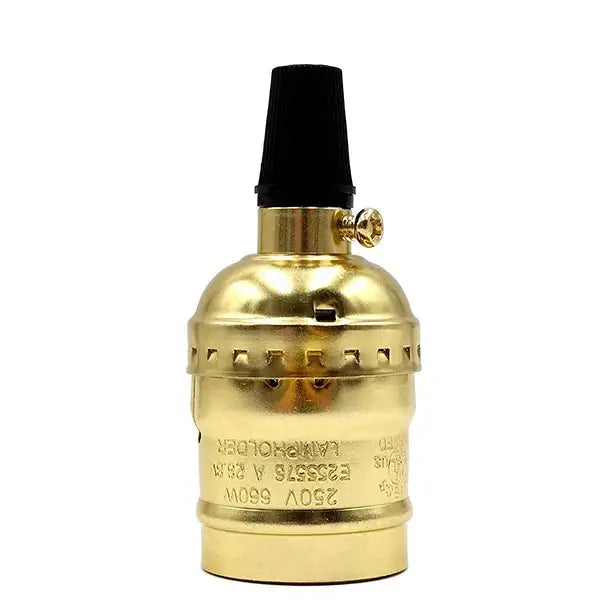 Brass lamp base with black plastic cap and gold-toned metal screw for decorbites industrial vintage chain lighting