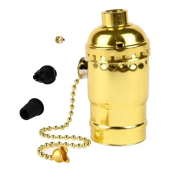Gold-colored metal industrial vintage chain lamp base with pull switch and matching decorbites industrial vintage beads