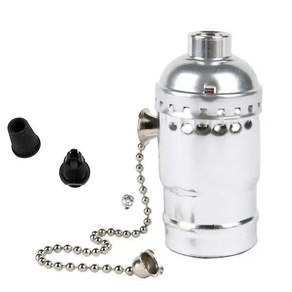 Silver metallic lamp shade pull chain with beaded design and matching cap for decorbites industrial vintage chain lamp base