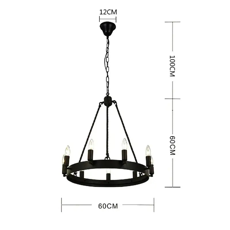 Black wrought iron industrial vintage chandelier with six candle-style bulbs and circular frame decorbites industrial vintage