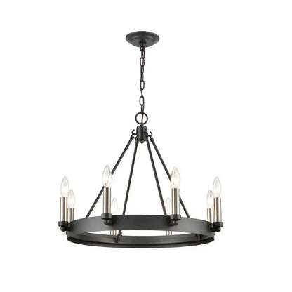 Black wrought iron industrial vintage chandelier with eight candle-style bulbs and circular frame for kitchen decorbites industrial vintage