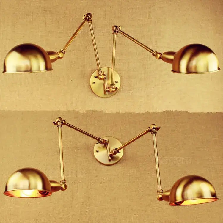 Industrial vintage double brass wall sconce with adjustable double-arm and dome-shaped shades for bedroom decorbites decor