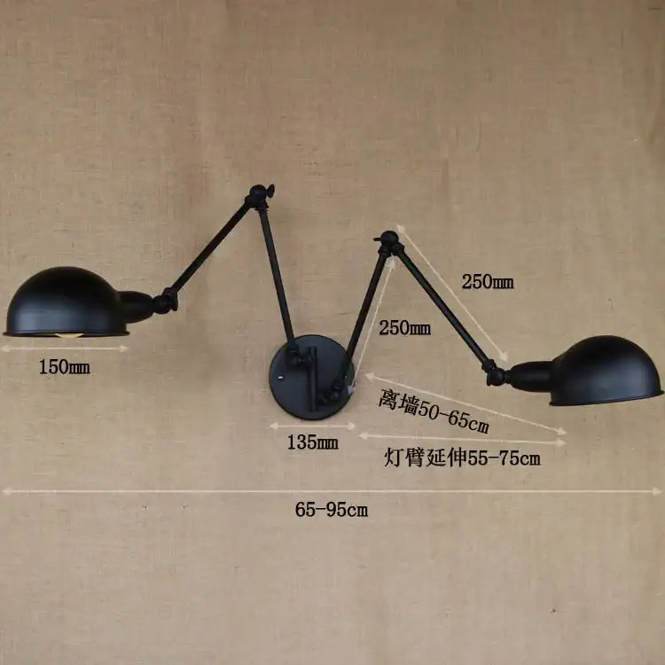 Black matte-finished industrial vintage double brass wall sconce with adjustable arms and dome shades for bedroom decorbites industrial vintage style