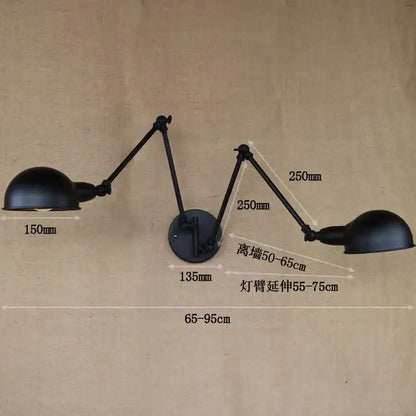 Black matte-finished industrial vintage double brass wall sconce with adjustable arms and dome shades for bedroom decorbites industrial vintage style