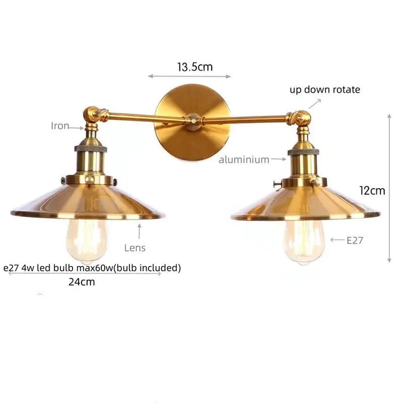 Brass-finished industrial vintage double wall light with adjustable arms and vintage Edison bulbs for bedroom reading decorbites industrial vintage