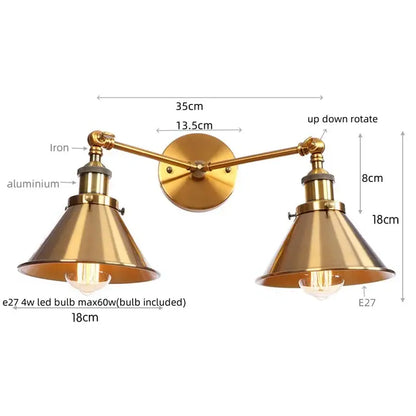 Brass-finished industrial vintage double wall light with adjustable arms and conical shades for bedroom reading decorbites industrial vintage