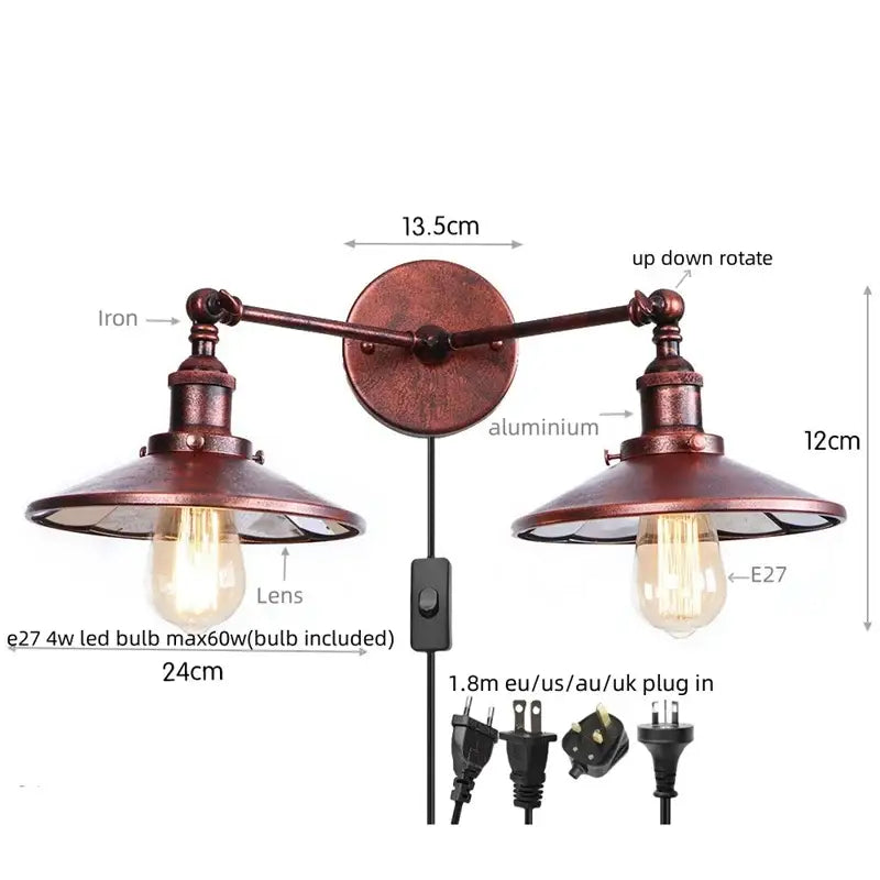 Rustic copper-finished industrial vintage double wall light with adjustable arms and edison bulb fixtures for bedroom reading decorbites industrial vintage