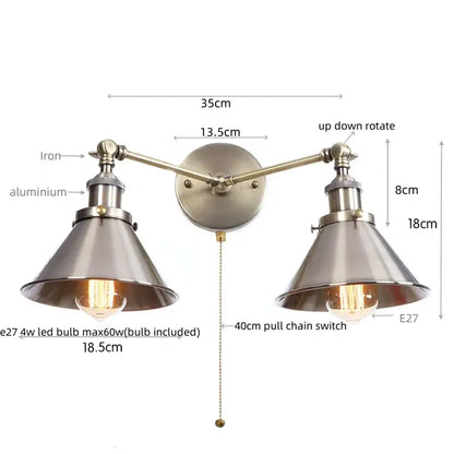 Industrial vintage double copper wall light with brushed brass finish and conical metal shades for bedroom reading decorbites wall light