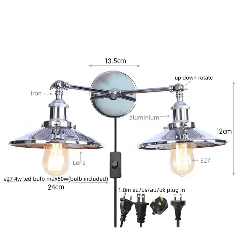 Chrome-finished industrial vintage double wall light with two adjustable arms and vintage edison bulbs by decorbites industrial vintage