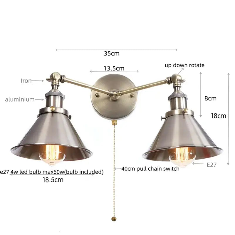Industrial vintage double wall light with brushed brass finish and conical metal shades for decorbites industrial vintage decor