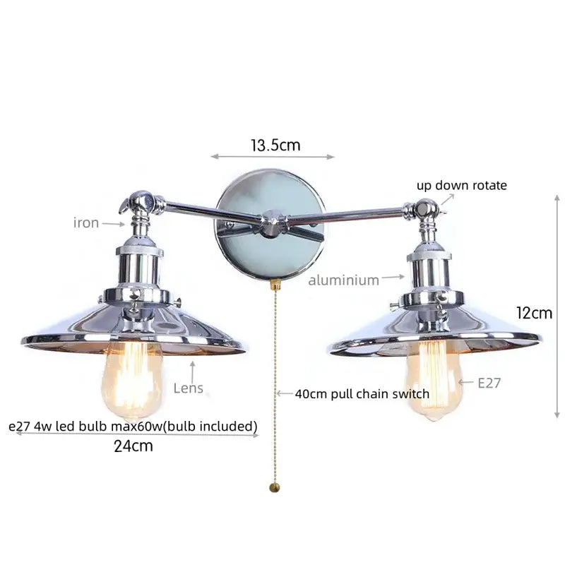 Chrome finished industrial vintage double wall light with two adjustable arms and vintage edison bulbs for decorbites industrial vintage decor