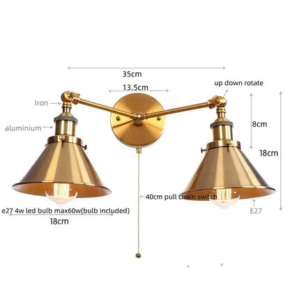 Brass-finished industrial vintage double wall light with adjustable arms and conical shades for decorbites industrial vintage decor