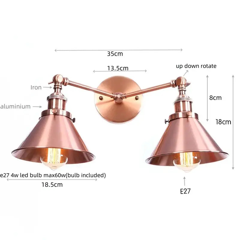 Copper-toned industrial vintage double wall light with adjustable arms and conical shades for bedroom reading decorbites industrial vintage