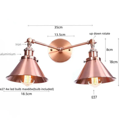 Copper-toned industrial vintage double wall light with adjustable arms and conical shades for bedroom reading decorbites industrial vintage