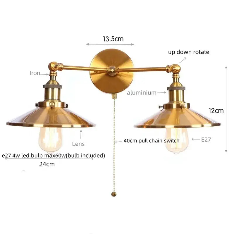 Brass-finished industrial vintage double wall light with two adjustable conical lampshades and central pull-chain switch by decorbites