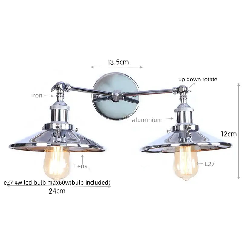 Chrome-finished industrial vintage double wall light with adjustable arms and vintage edison bulbs for bedroom reading decorbites industrial vintage