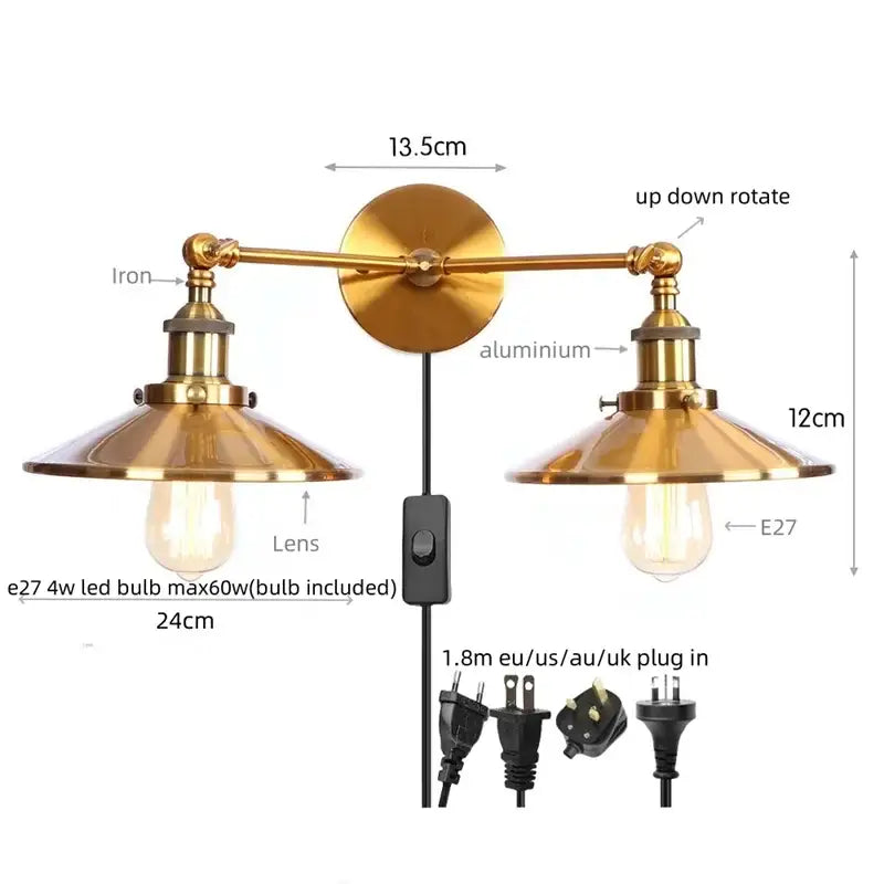 Brass-finished industrial vintage double wall light with adjustable rotation and included e27 led bulbs for bedroom decorbites industrial vintage use