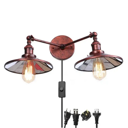 Rust-colored industrial vintage double wall light with copper arms and stained glass shades for bedroom reading decorbites industrial vintage