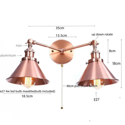 Copper-toned industrial vintage double wall light with adjustable arms and conical shades for bedroom reading decorbites industrial vintage