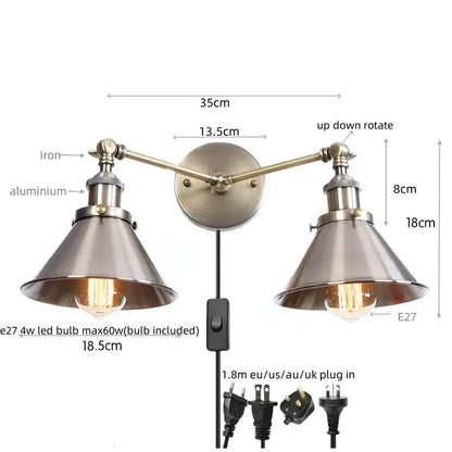 Industrial vintage double wall light with brushed brass finish and conical metal shades for decorbites bedroom reading sconce