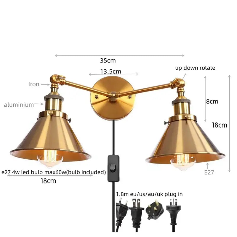 Brass-finished industrial vintage double wall light with adjustable arms and conical shades for bedroom reading decorbites industrial vintage