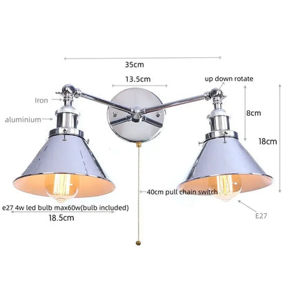 Chrome-finished industrial vintage led wall light with double conical shades and exposed edison bulbs for bedroom decorbites