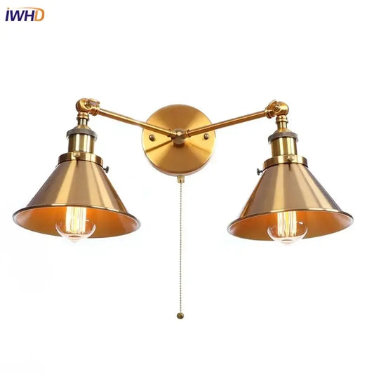 Industrial vintage gold brass wall light double arm sconce with conical shades and exposed filament bulbs for decorbites industrial vintage style