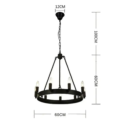 Black wrought iron industrial vintage iron chandelier with six candle-style bulbs and circular frame pendant lights decorbites
