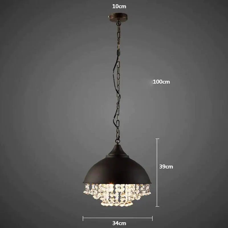 Black metal dome pendant light with chain and dangling crystal beads decorbites industrial vintage iron chandelier